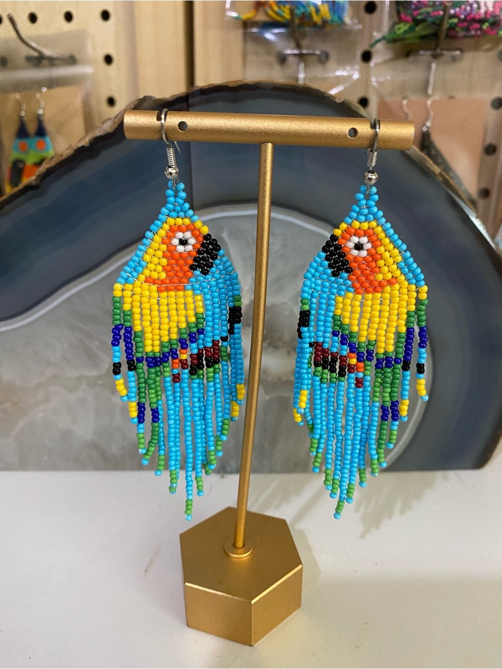 Handmade Beaded Parrot Earrings - Turquoise, Yellow & Orange